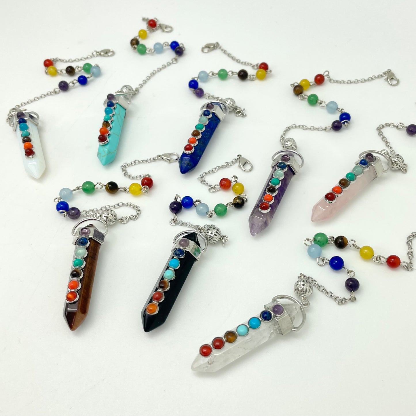 Double Terminated Crystal Pendulum with Chakra Stones and Chain