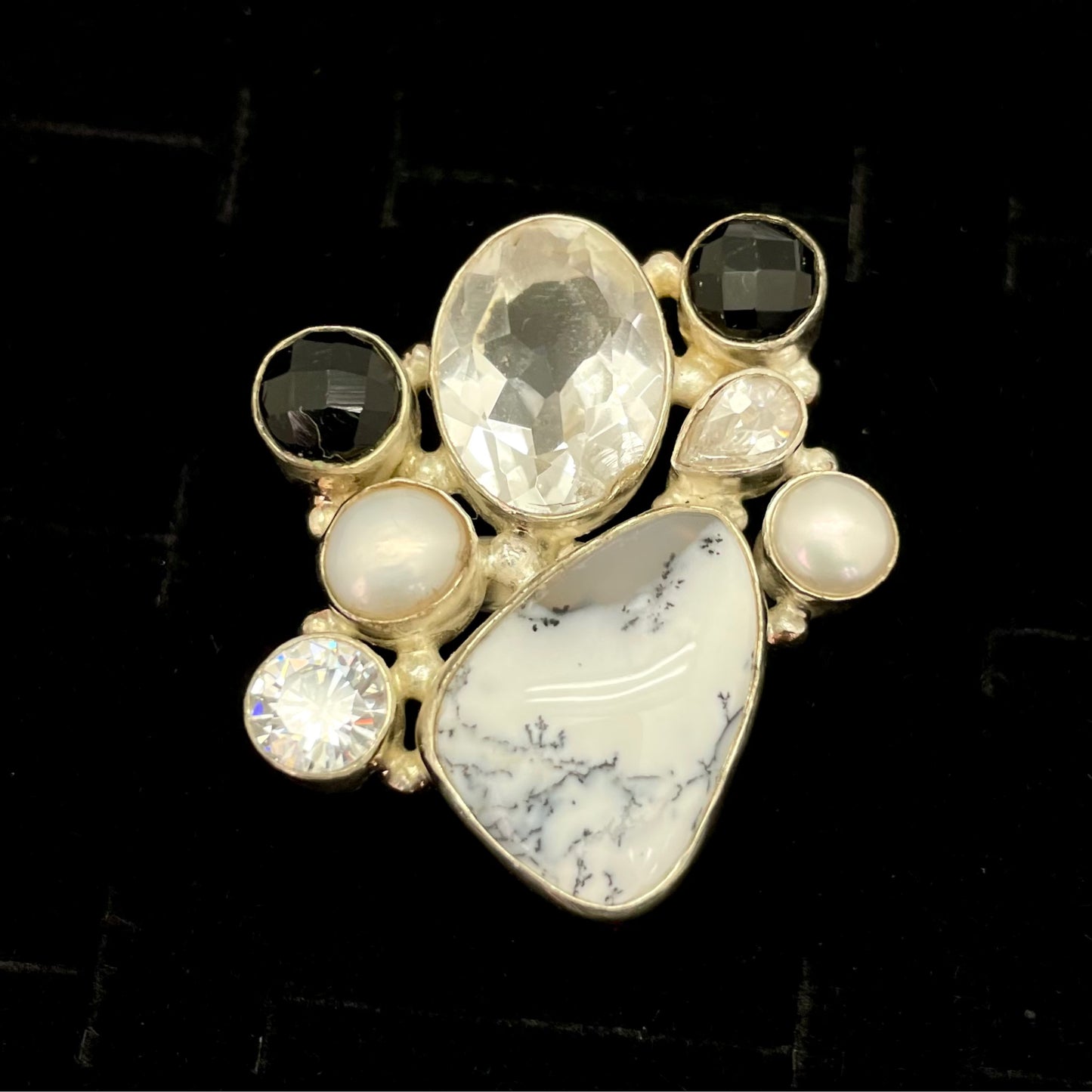 Dendric Opal Ring with Side 7 Seven Stones (Diamond, Onyx, Pearl, Clear Quartz)