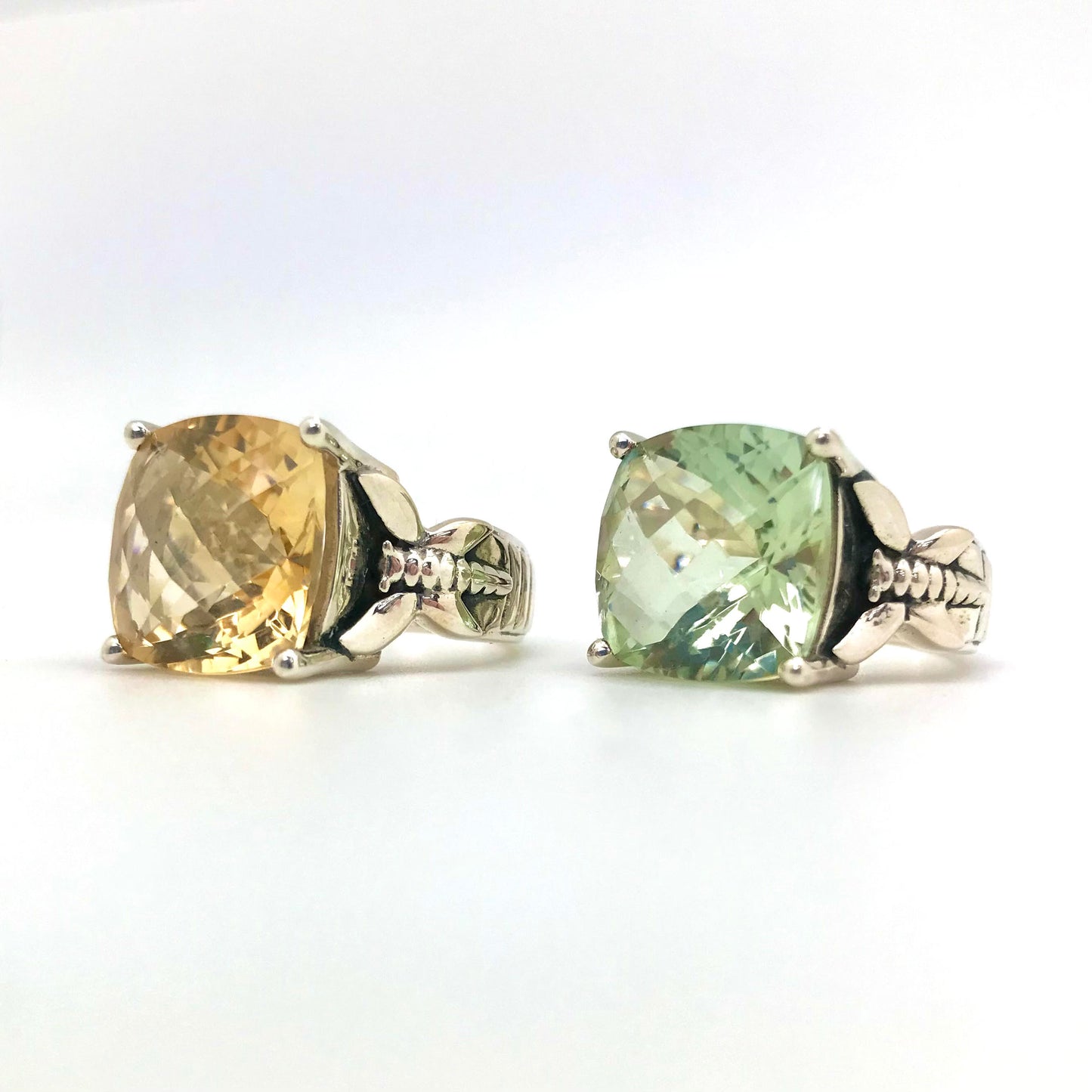 Faceted Square Sterling Silver Ring with Dragonfly Band