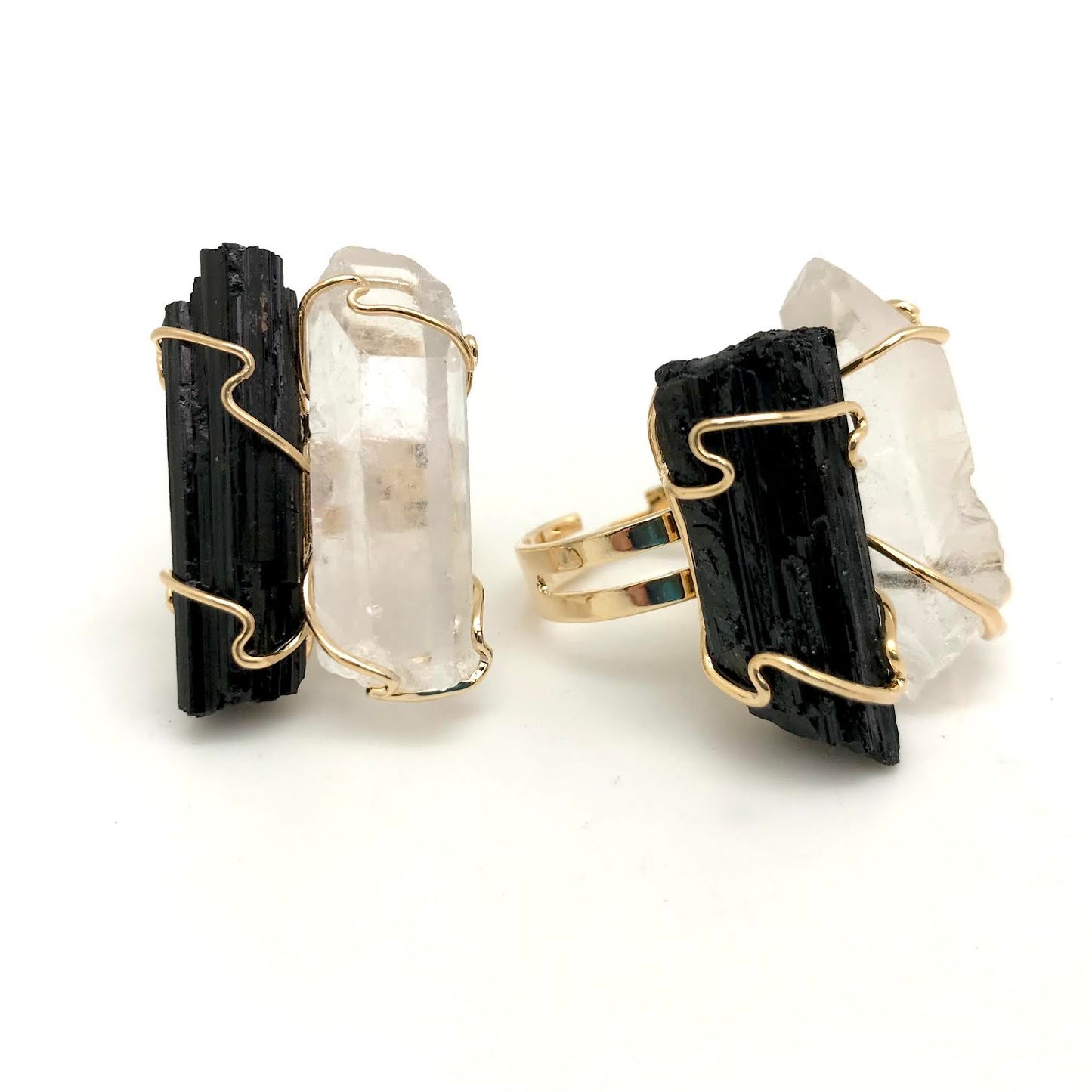 Raw Clear Quartz and Black Tourmaline Ring (Adjustable/Wire Wrap) - Michal and Company