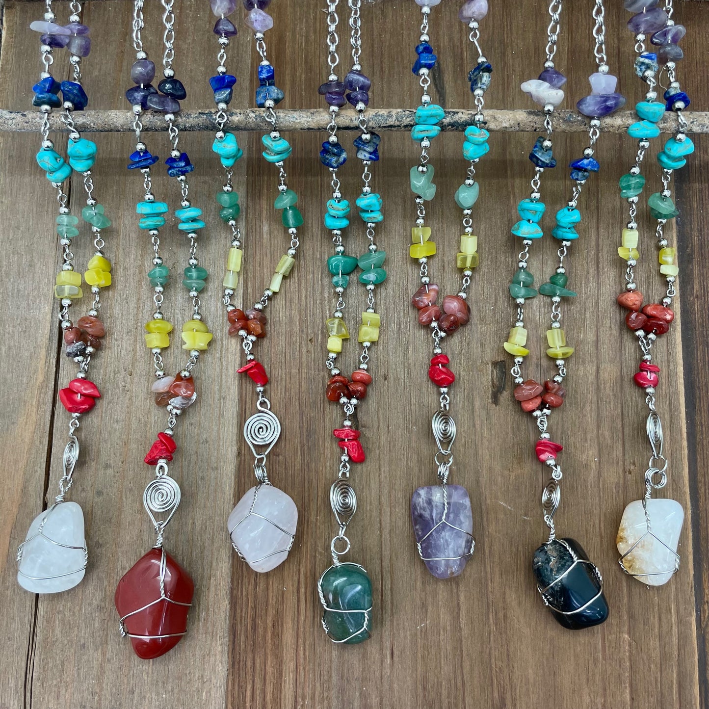 Spirit of Nature Chip Chakra Stone w/ Wired Tumbled Crystal Center Necklace