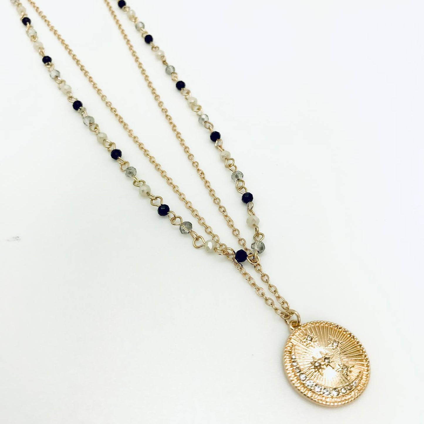 Adore - Double Layered Necklace with Glass Beads and Star and Moon Coin Pendant