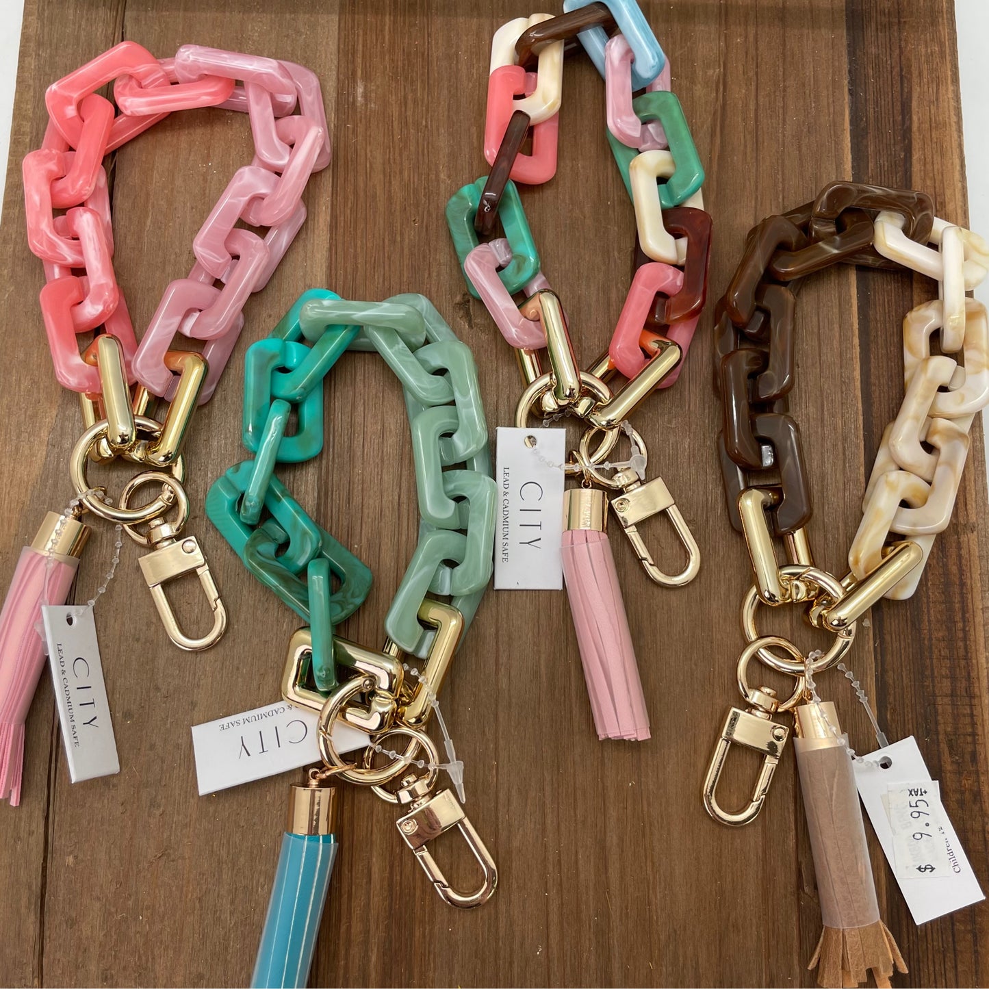 City - Squared Thick Chunky Plastic Chain Wristlet with Tassel Keychain