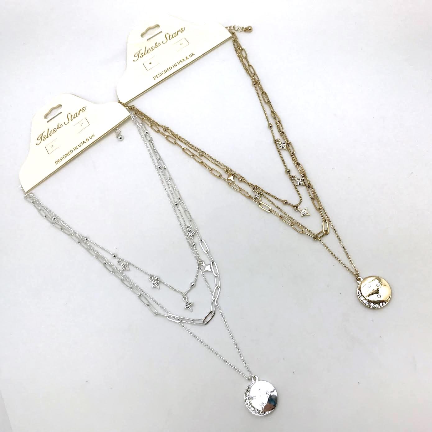 Isles & Star - Circular Moon and Star Pendant Triple Layered Necklace