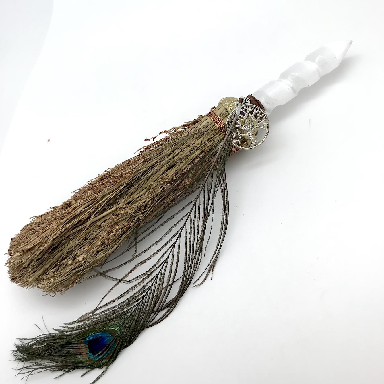 Selenite Wand with Feather and Pendant Broom / Besoms