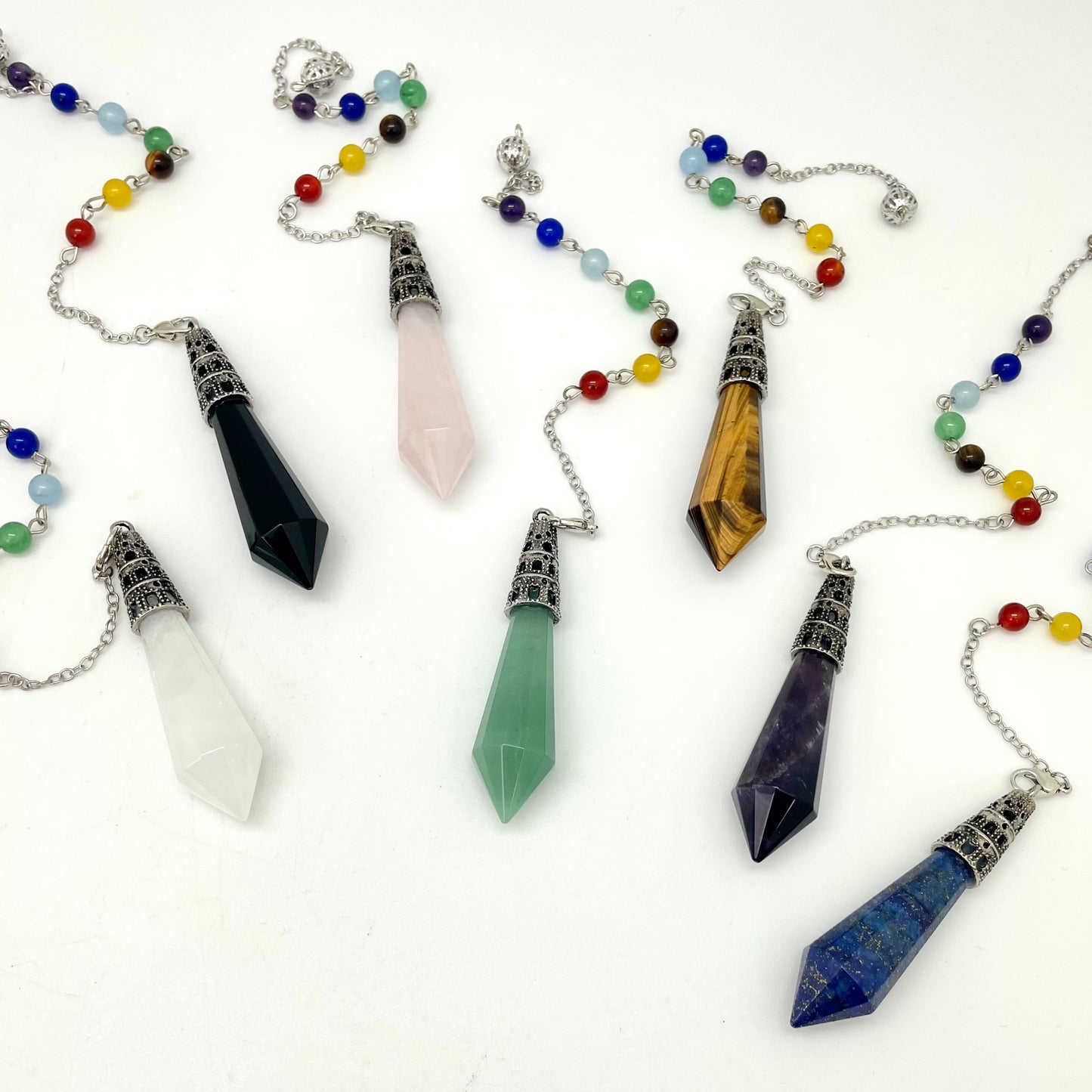 Long Faceted Point Pendulum Silver Top & Chakra Chain
