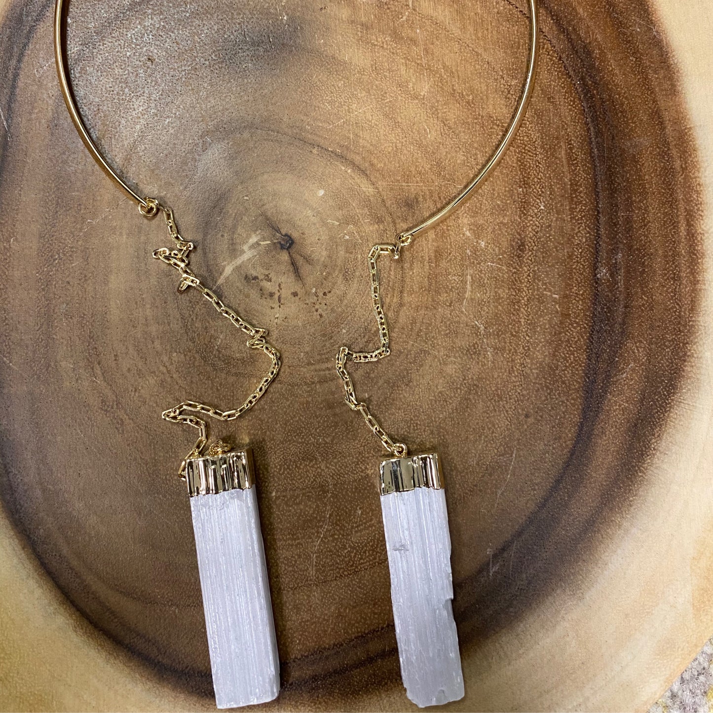 Selenite Bar and Point Onyx Crystal Gold Collar Necklace - Michal & Co.