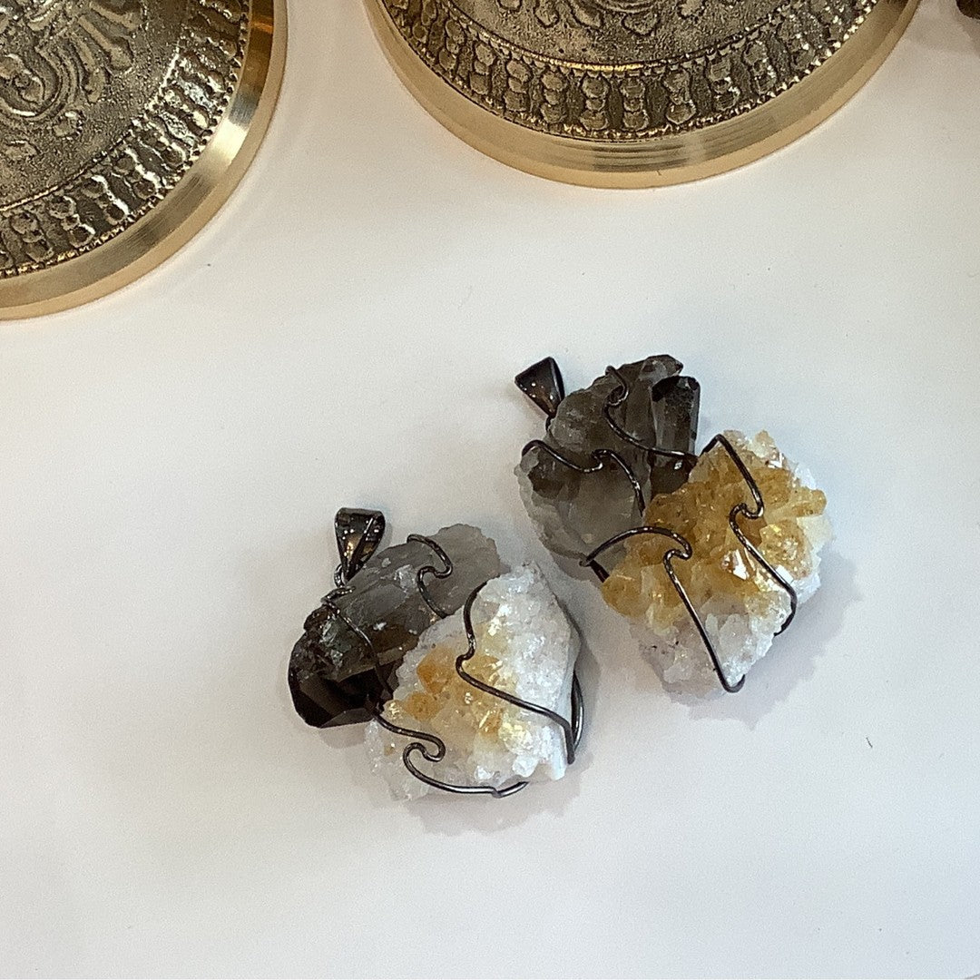Citrine and Smoky Quartz Stacked Wire Pendant