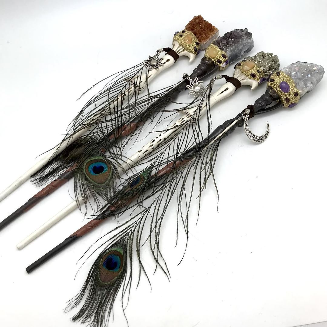 Crystal with Peacock Feather Wands