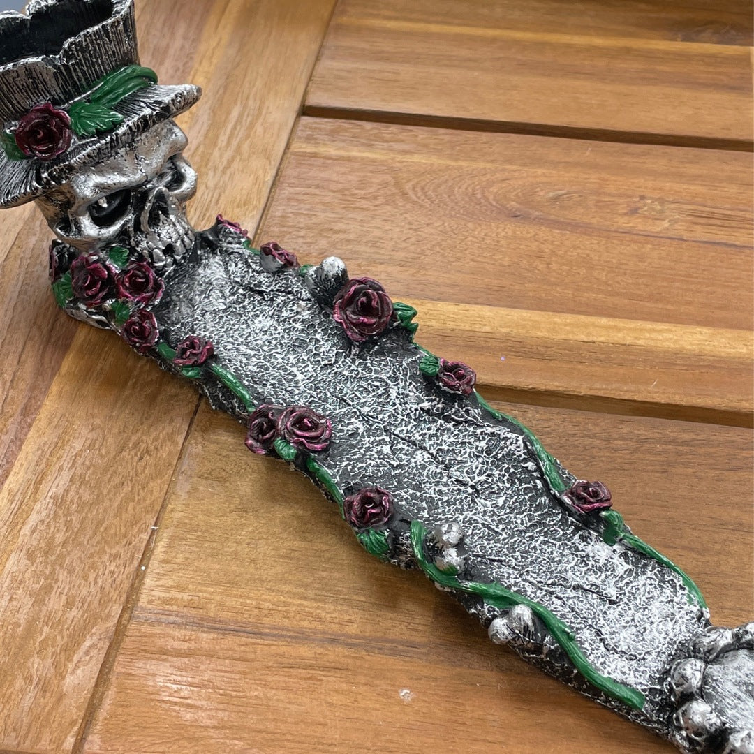 Silver Skull with Top Hat Roses and LED Eyes incense holder