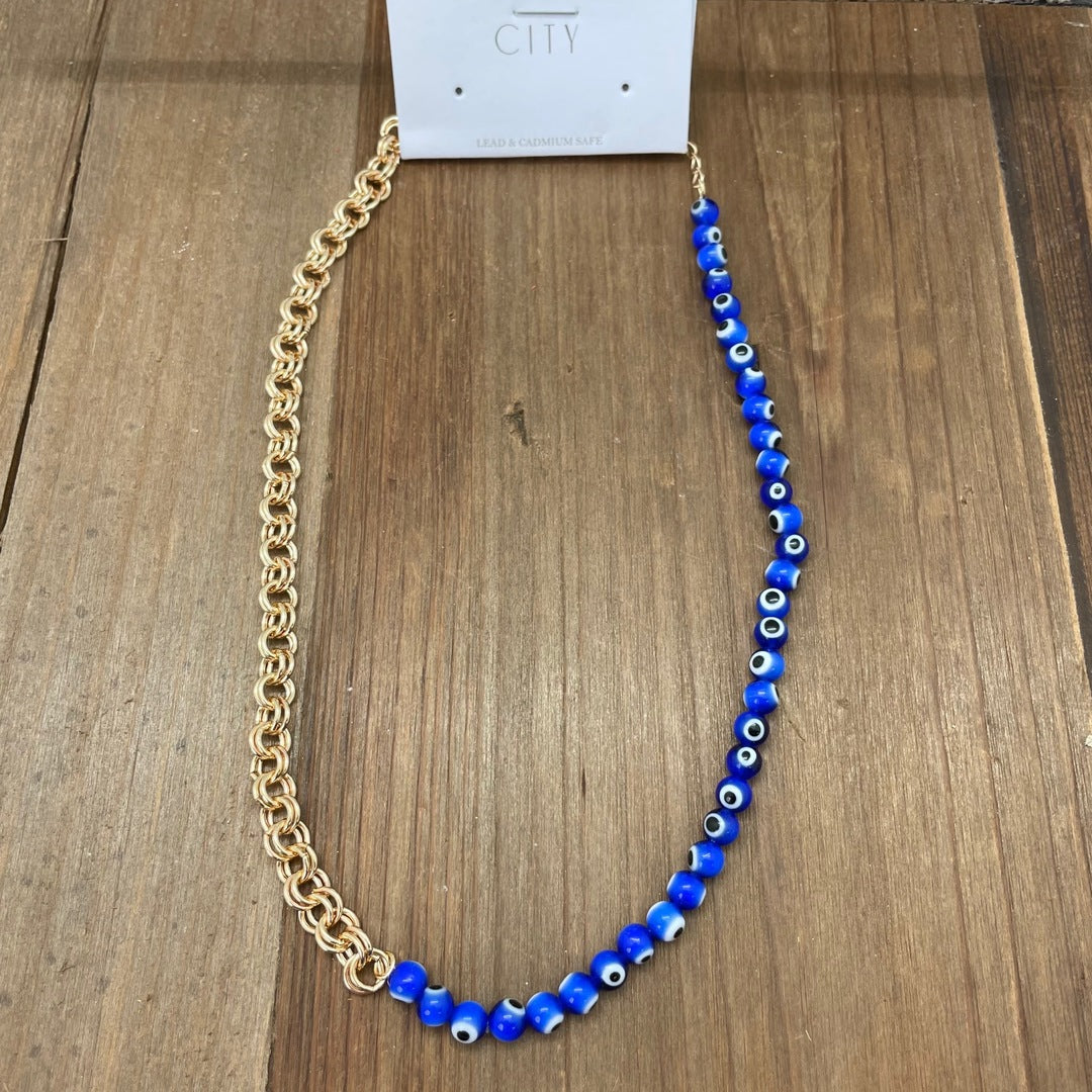 City - Blue Evil Eye Bead with Wide Gold Chain Necklace