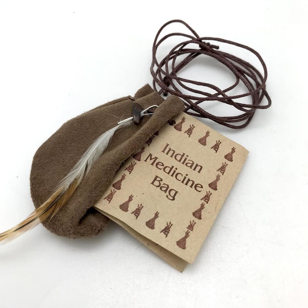 Indian Medicine Bag String Closure with Feather and Crystal Chip