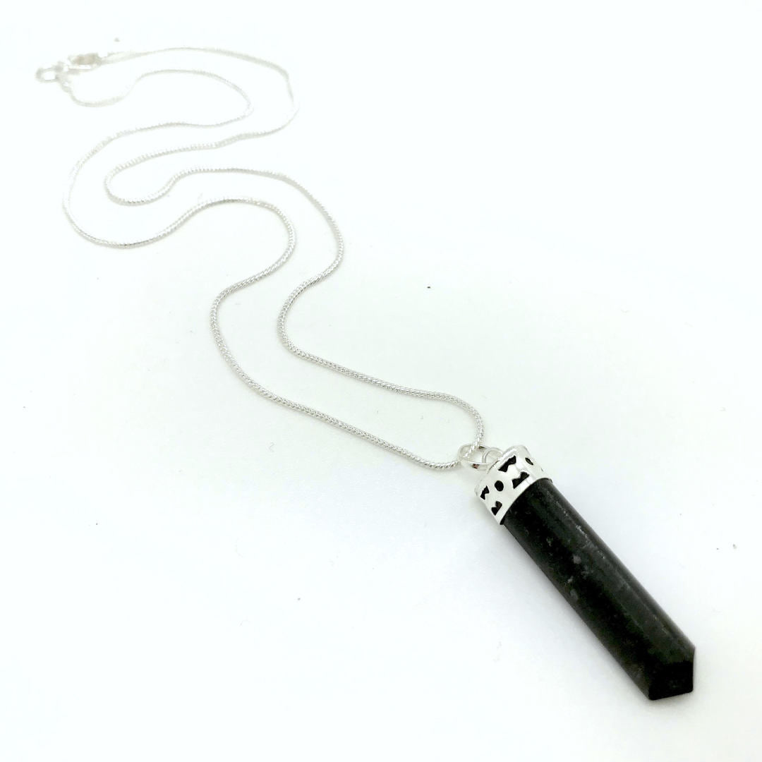 Black Tourmaline Pendent with Silver Top and Chain Necklace