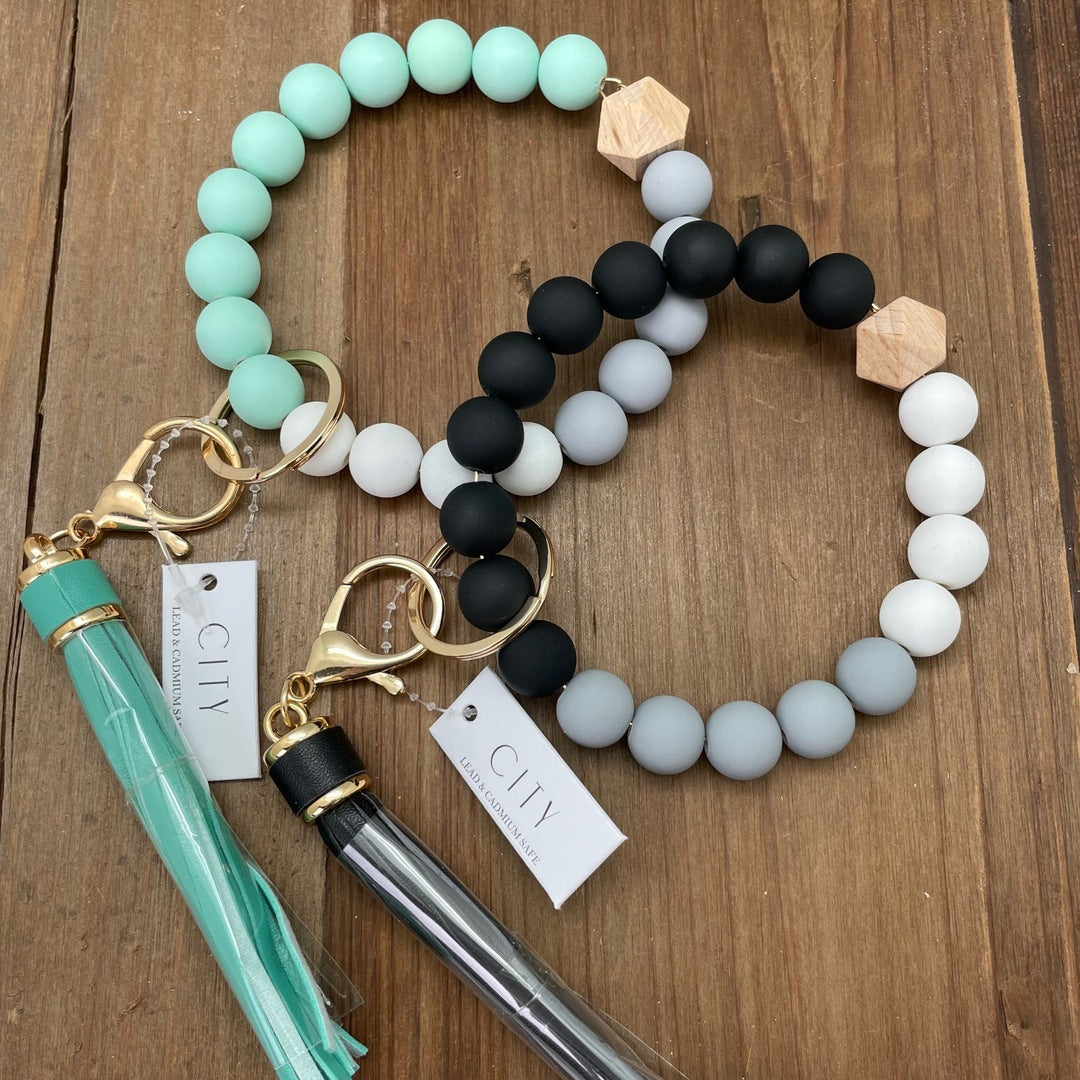 City - Rubber Bead with Icosahedron Wood Piece Wristlet Keychain