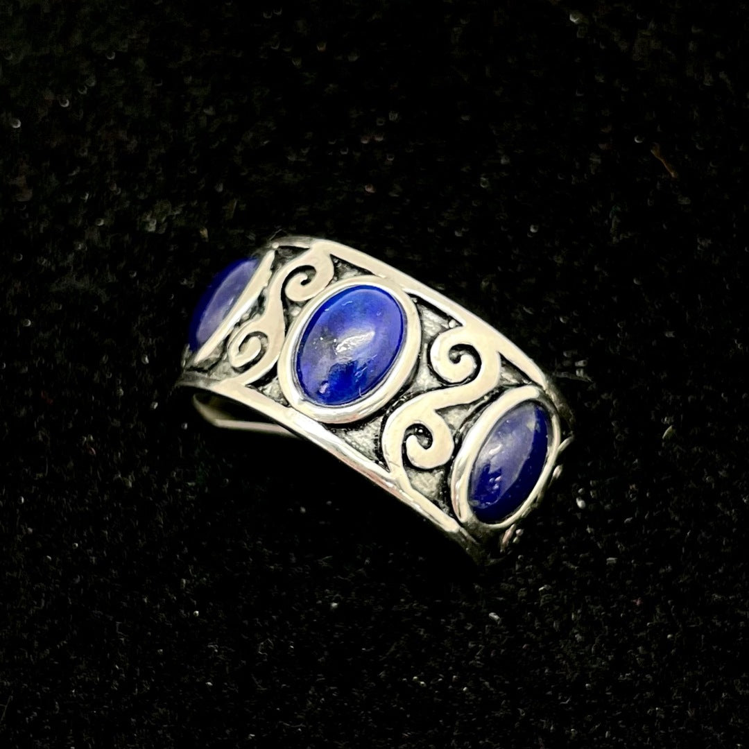Decorative Mens Ring with Lapis Lazuli 3 Three Stone (Thick Band Silver)