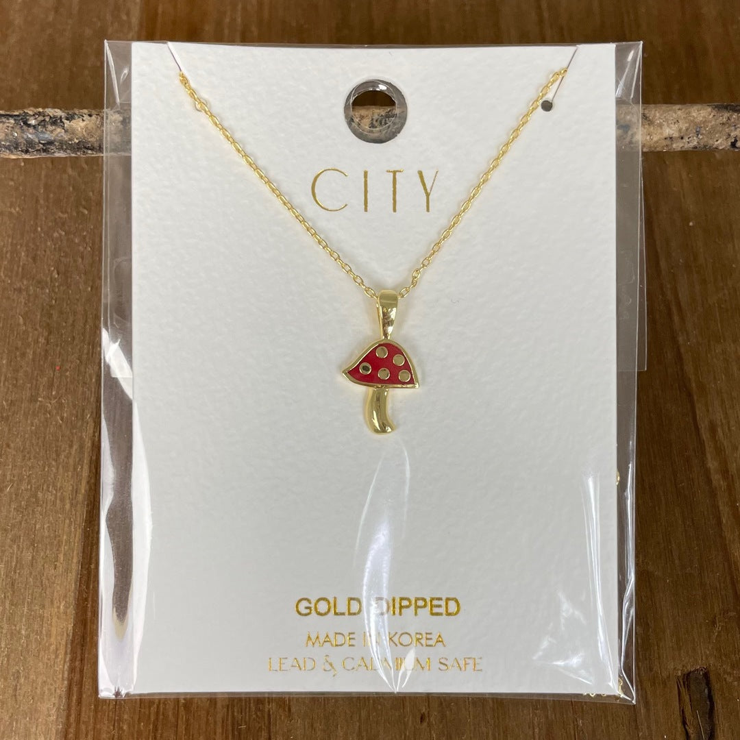 City - Single Enamel Mushroom Gold Necklace