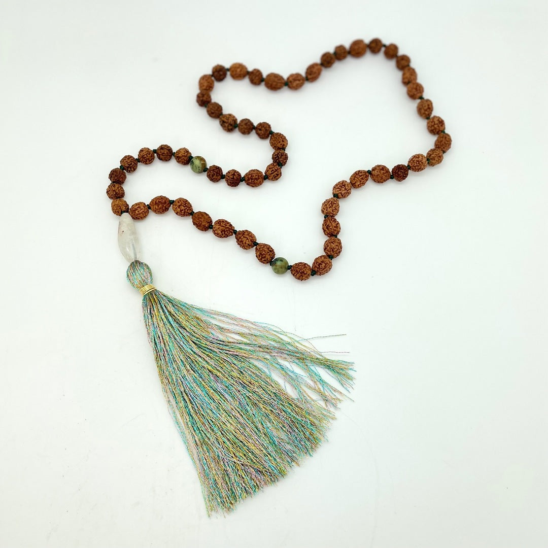 Handmade Mala - Rudraksha Seed, Turquoise, Clear Quartz (Metallic Pastel Mix Tassel)