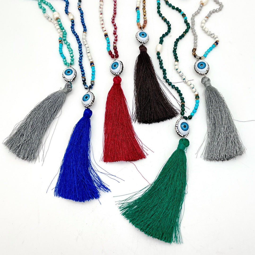 Mala Style Evil Eye Charm Beaded Necklace with Tassel