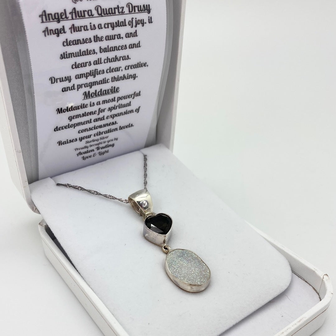 The Inspired Heart Collection - Angel Aura Quartz Druzy with Moldavite Necklace