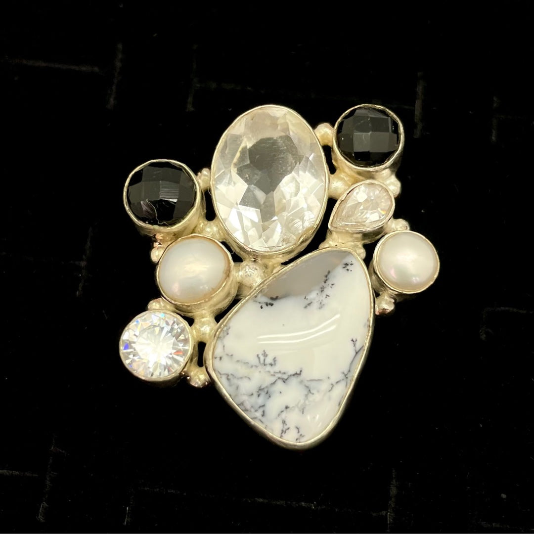 Dendric Opal Ring with Side 7 Seven Stones (Diamond, Onyx, Pearl, Clear Quartz)
