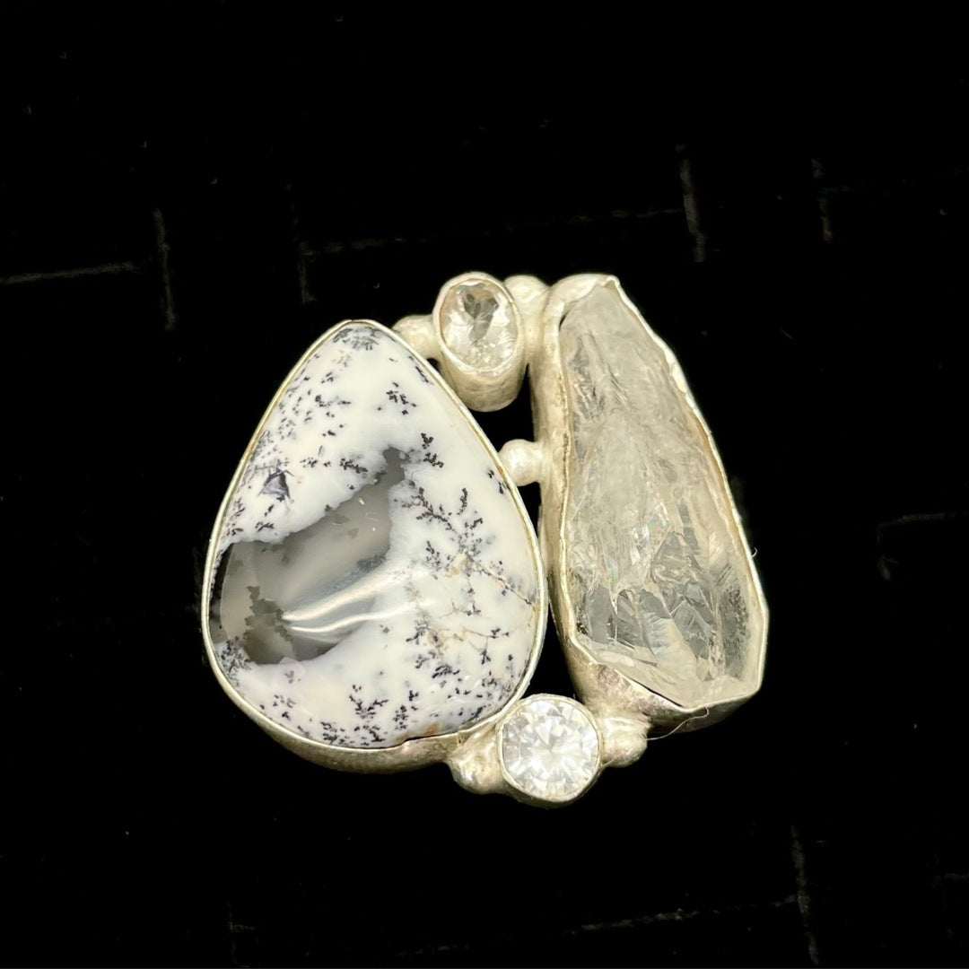 Dendric Opal Ring with Clear Quartz / Diamond