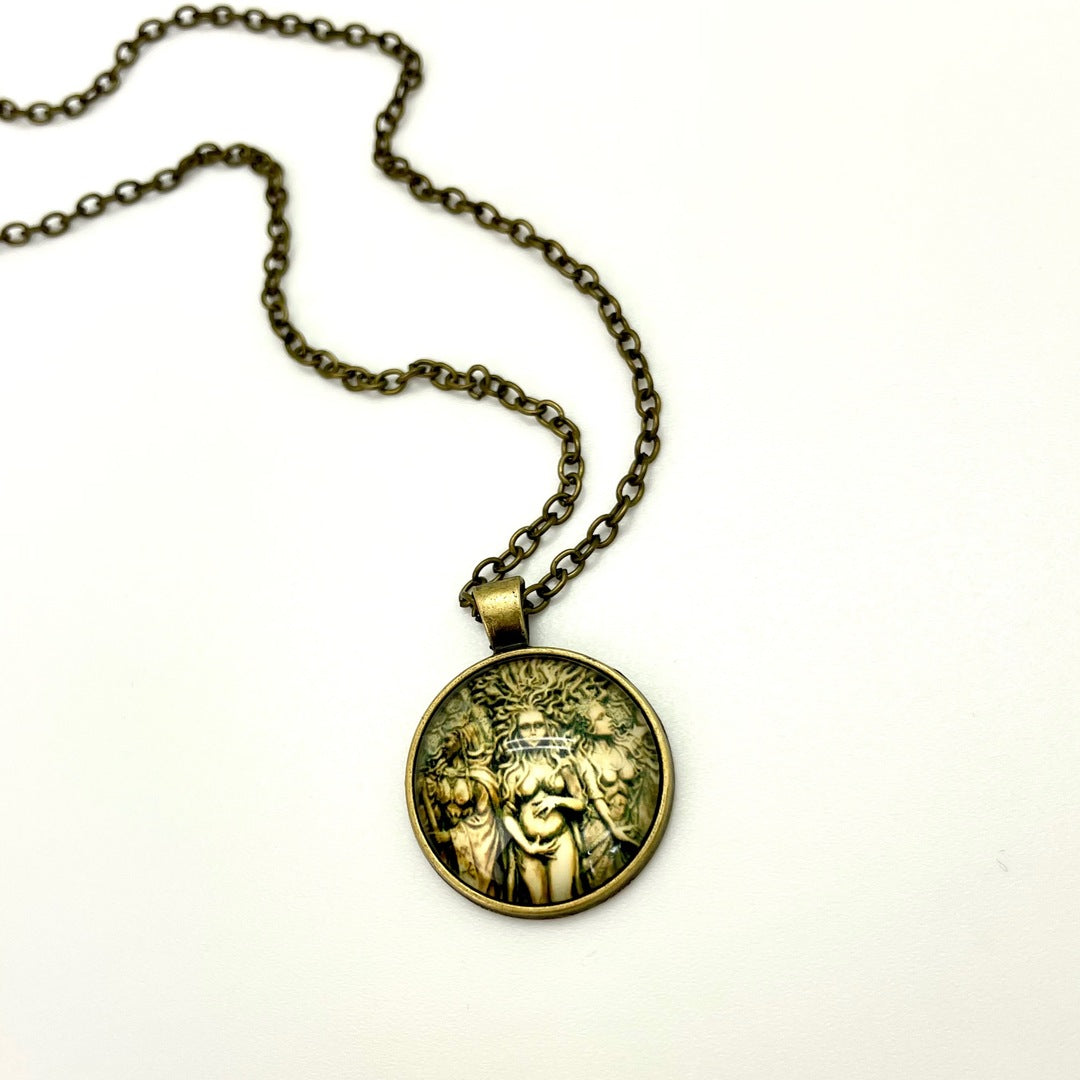 Triple Goddess Circular Pendant With Antique Gold Chain