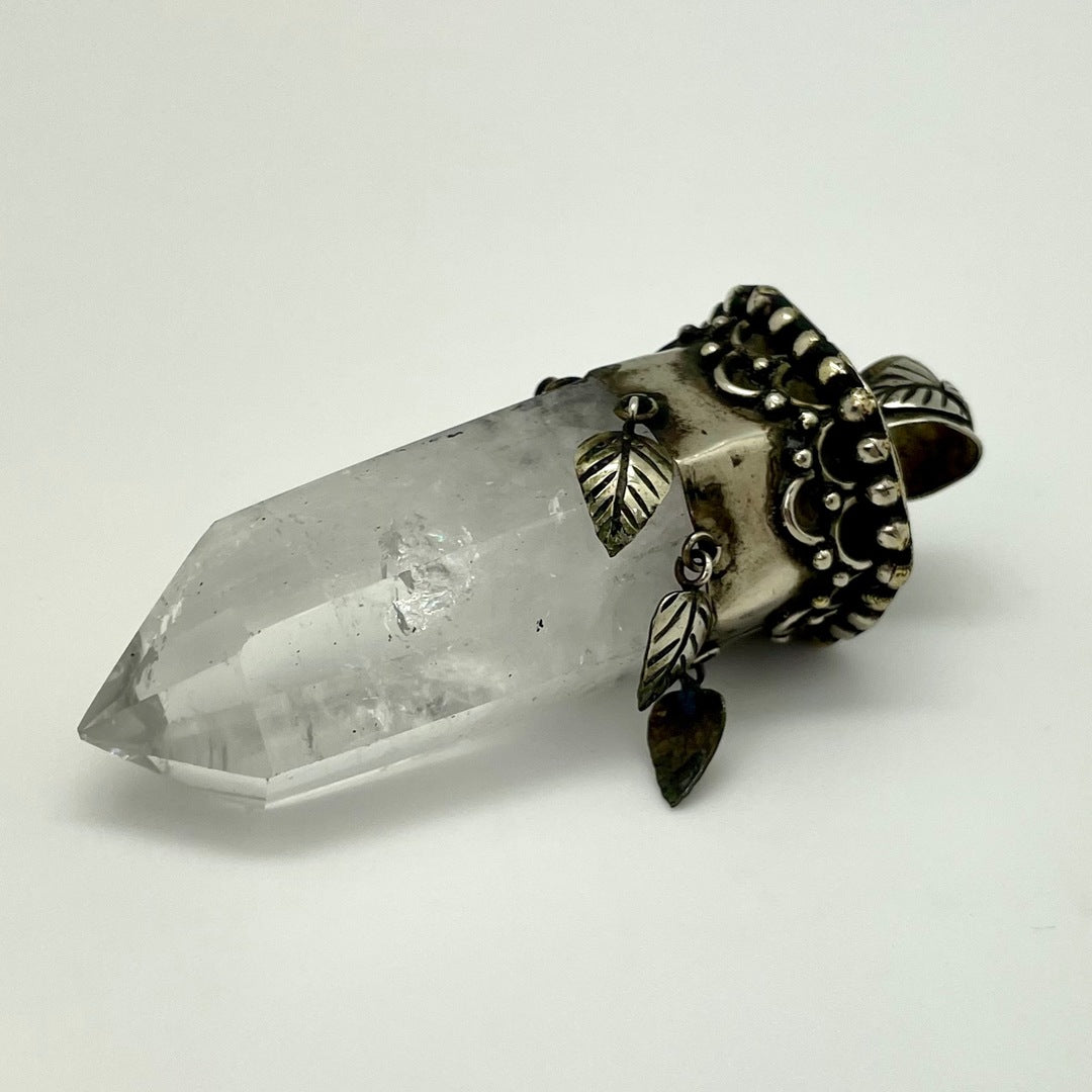 Clear Quartz Point Pendant with Brass Leaf Top / Leaf Charms (Extra Large)