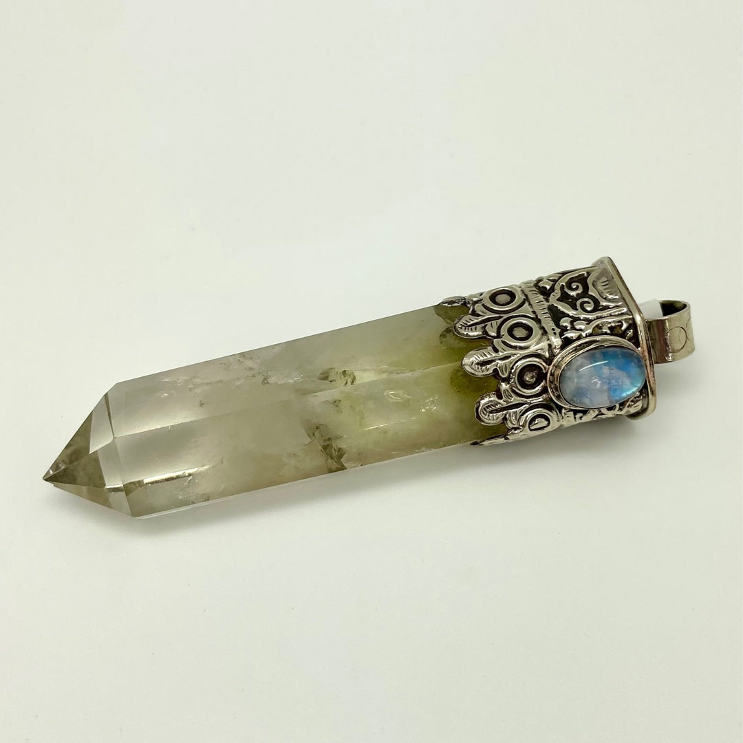 Citrine Point Pendant with Rainbow Moonstone / Brass Top (Extra Large)