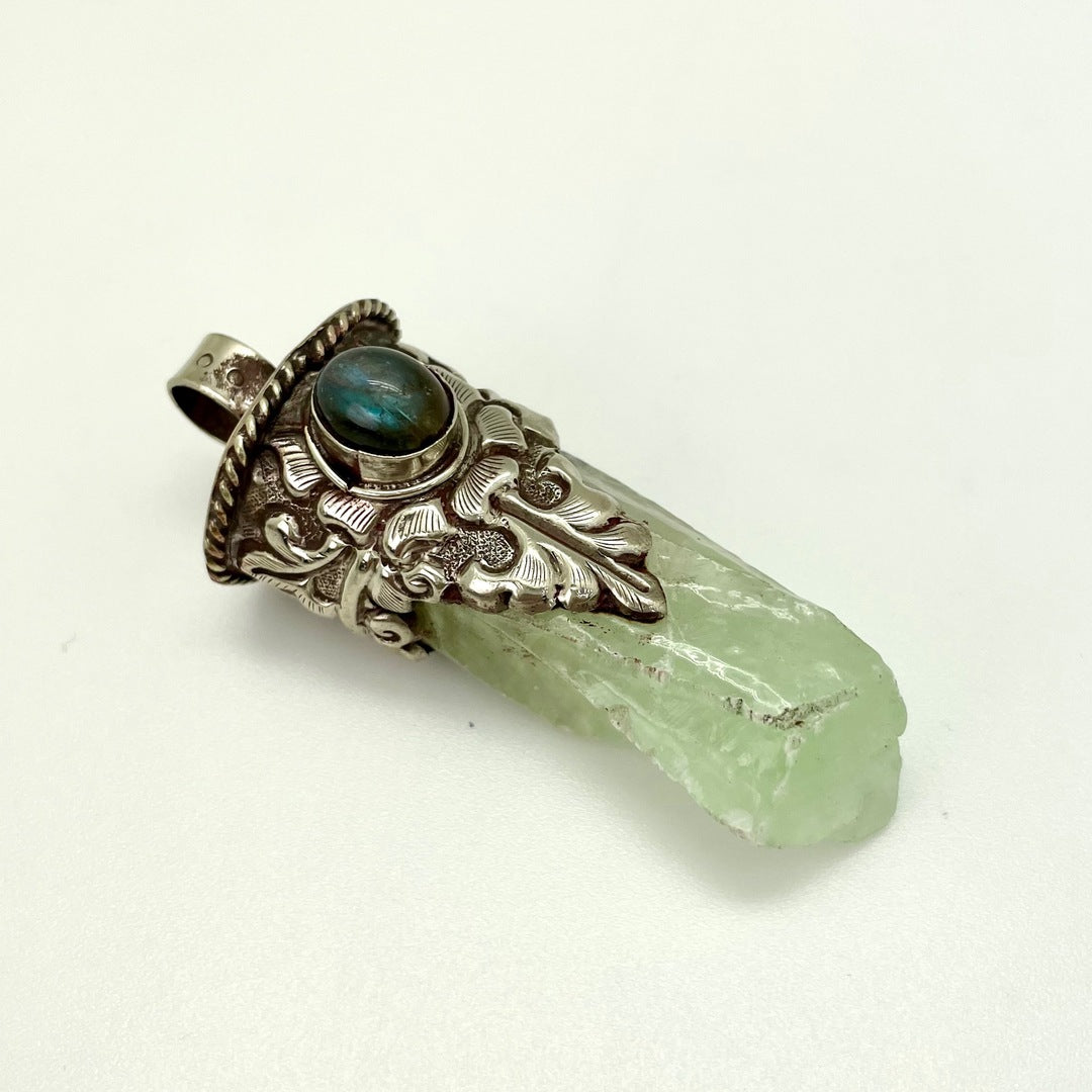 Brass Top - Raw Green Calcite with Labradorite Pendant