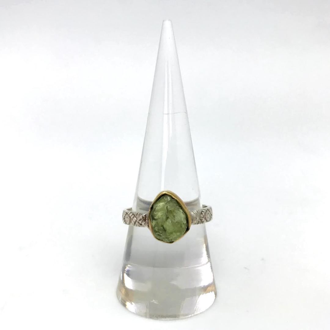 Gold Plated Raw Peridot Ring with Decorative Design Silver Band