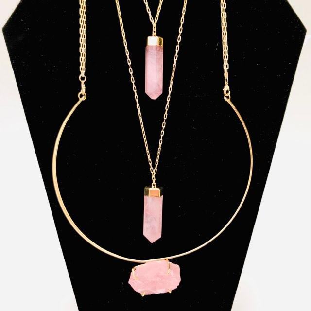 Cuff Fashion Necklace with Raw Front Stone and Back Crystal Points Chains - Michal and Company