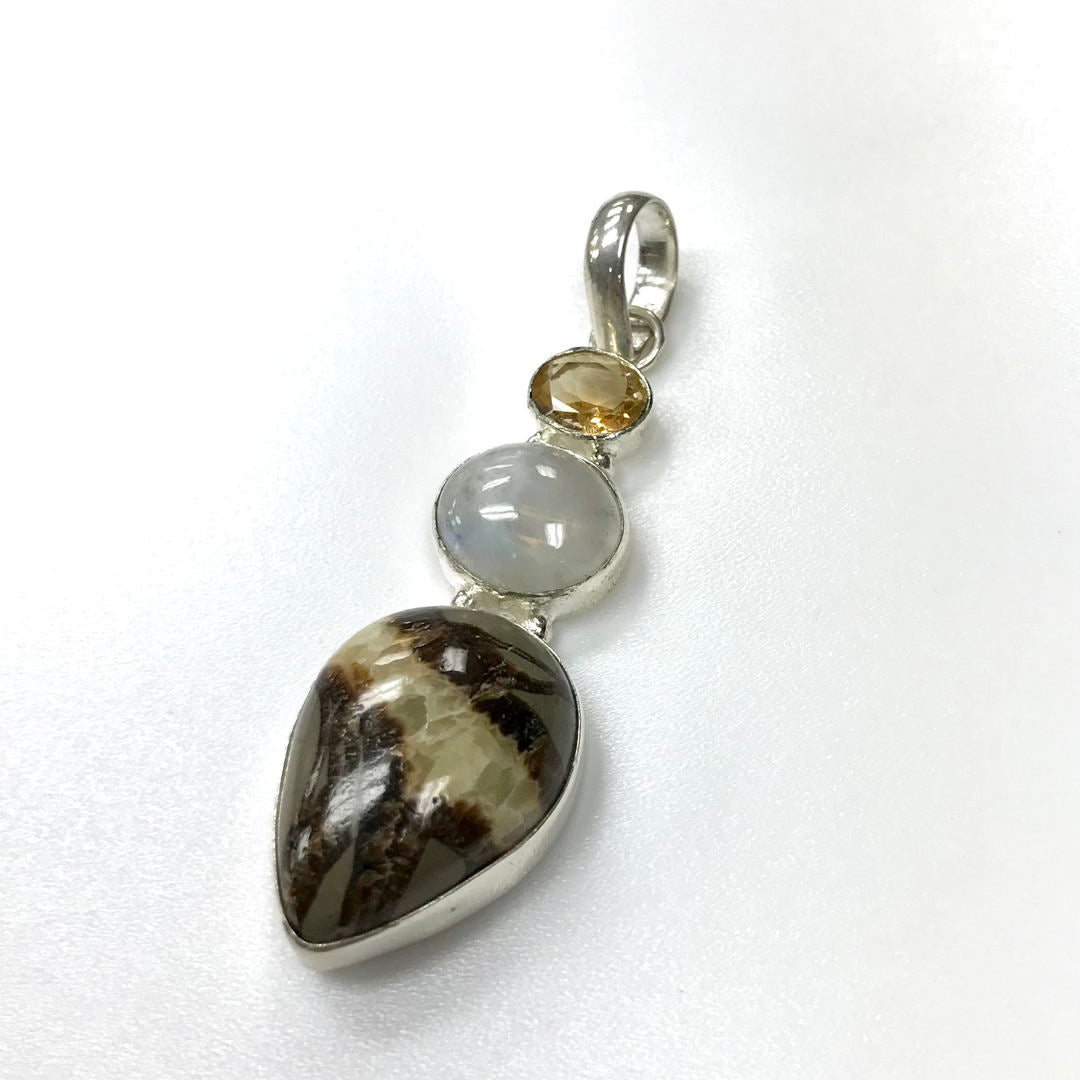 925 Triple Stone Pendant with Topaz Moonstone and Septarian
