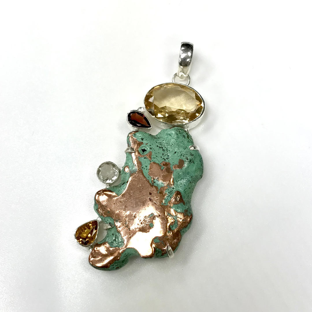 925 Silver Pendant with Raw Copper and Four Stones