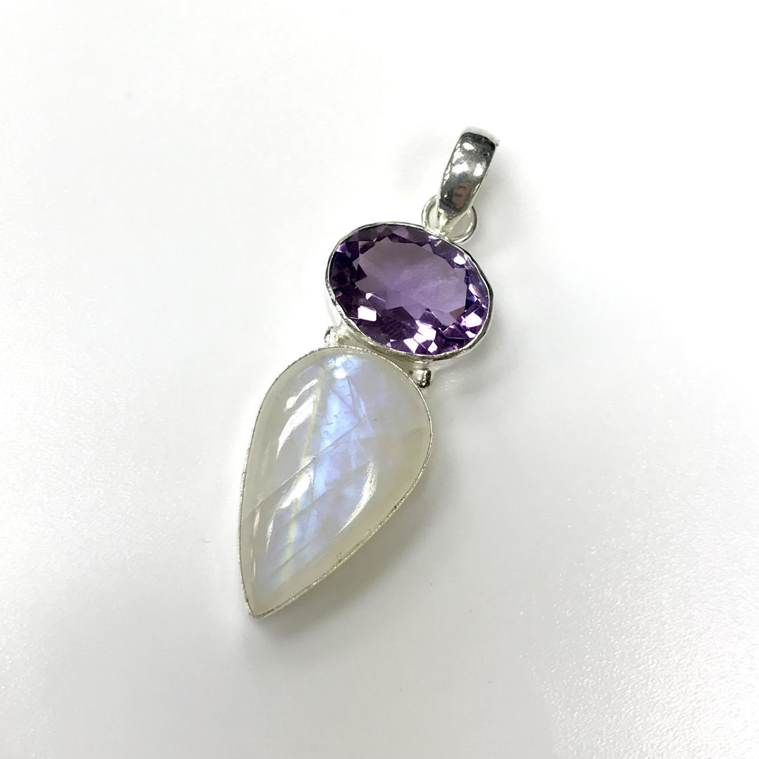 925 Silver Duo Stone Pendant with Amethyst and Moonstone