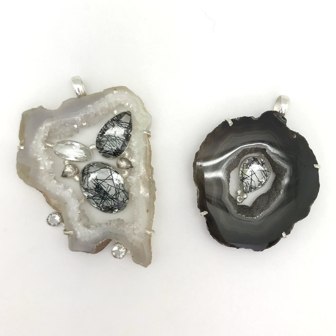 925 Silver Pendant with Agate Slice and Faceted Crystals