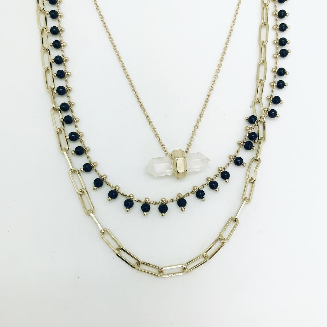 Isles & Stars - 3 Three Strand Layered Gold Necklace with Horizontal Double Point Quartz