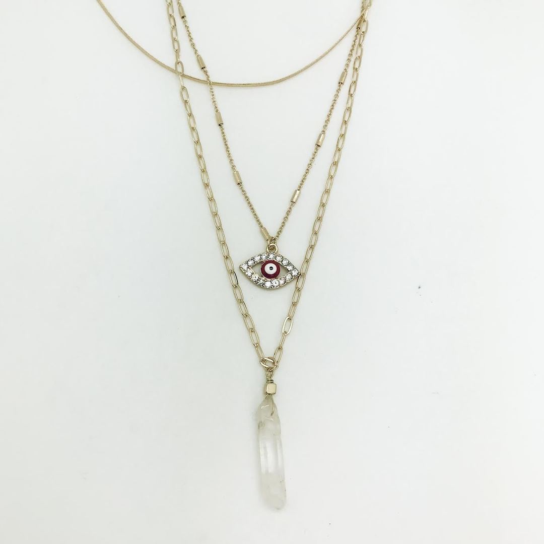 Isles & Stars - Rhinestone Evil Eye and Quartz with 3 Three Layered Gold Necklace