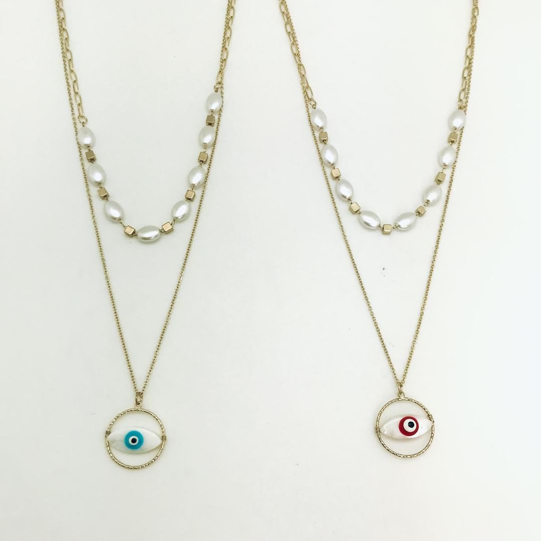 Isles & Stars - Double Layered Gold Necklace with Pearl and Evil Eye Charm