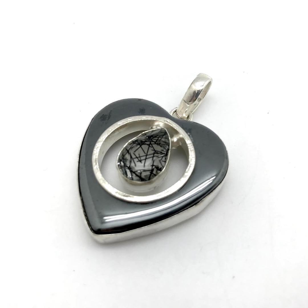 Black Rutilated Teardrop In Heart Shape Hematite Pendant
