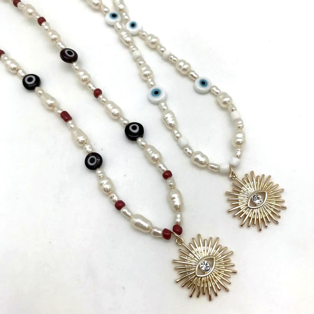 Adore - Pearl and Evil Eye Beads with Gold Evil Eye Charm Pendant Necklace