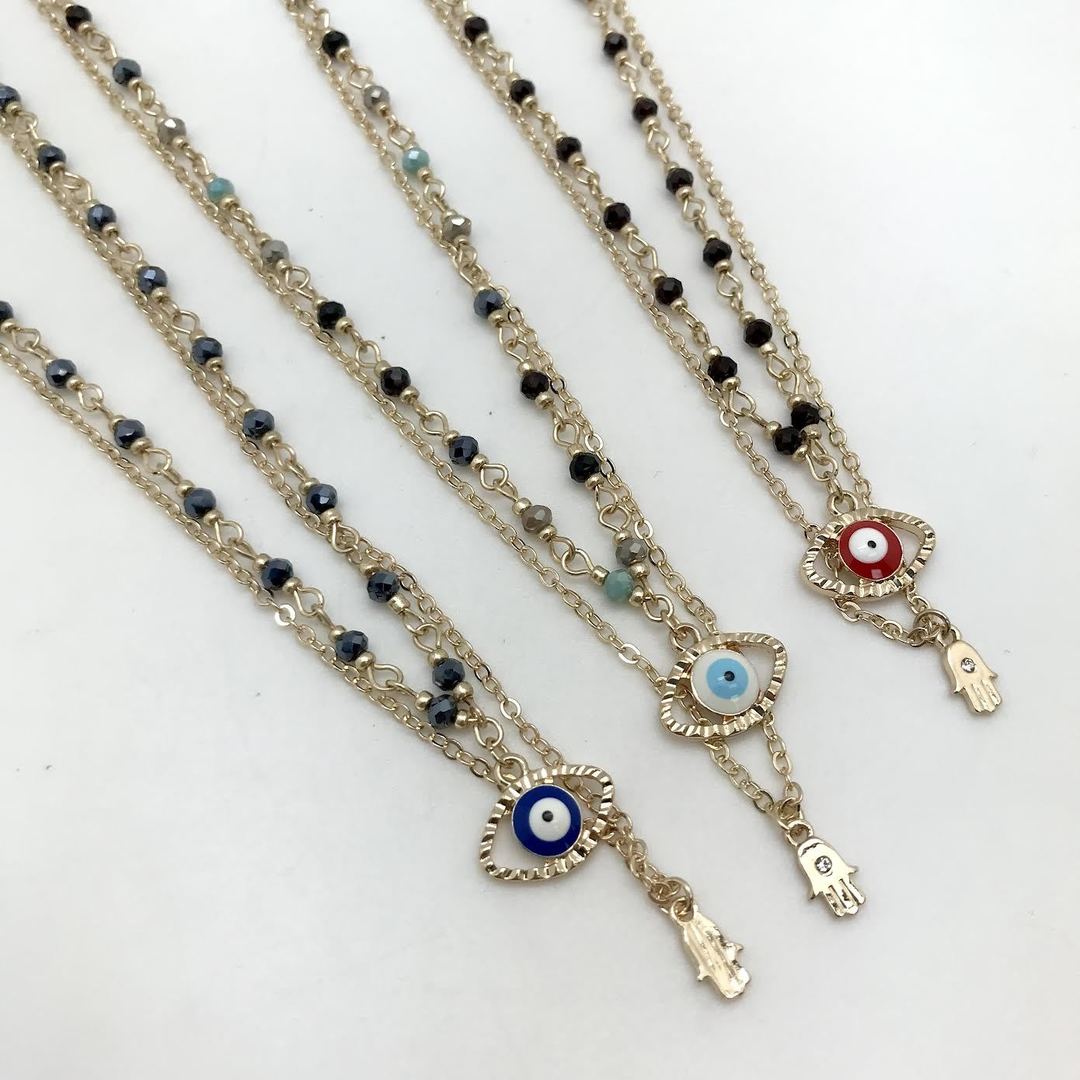 Adore - Evil Eye and Hamsa Charm Double Strand (Glass Bead, Thin) Necklace