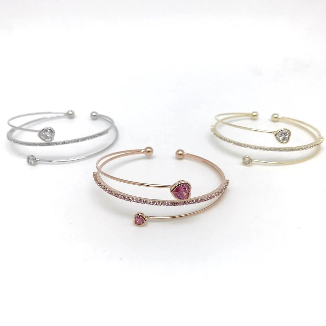 Faceted Hearts and Rhinestone Band Cuff Bracelet