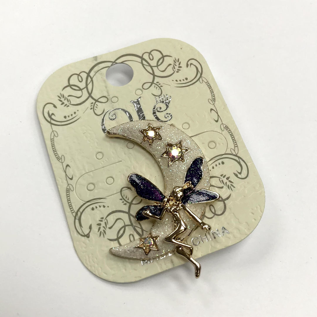 Gold Fairy on Glitter Moon Pin / Brooch
