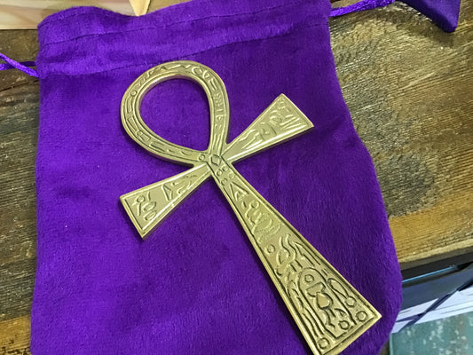 Brass Ankh with Purple Velvet Bag