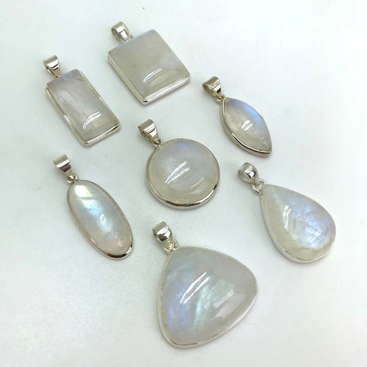 Polished Rainbow Moonstone Silver Pendant