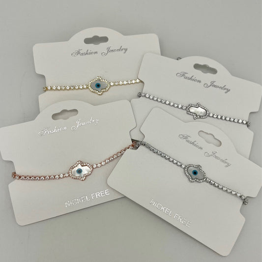 Fashion Jewelry - Hamsa Mother of Pearl Crystal / Evil Eye Rhinestone Bracelet