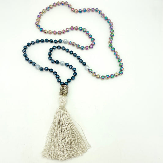 Handmade Mala - Titanium Basalt, Electroplated Agate, Silver Charm (Metallic Silver)