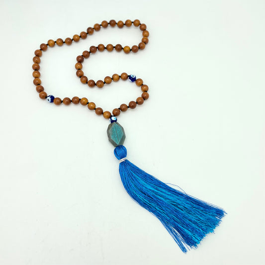 Handmade Mala - Sandalwood, Evil Eye, Labradorite (Mixed Blue Tassle)
