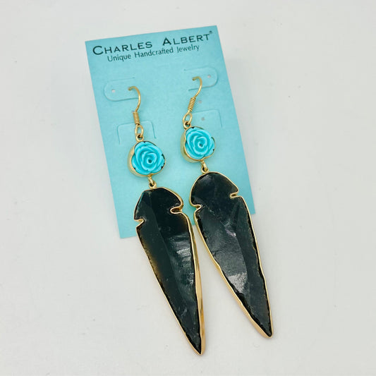 Alchemia - Resin Rose & Obsidian Arrow Earrings