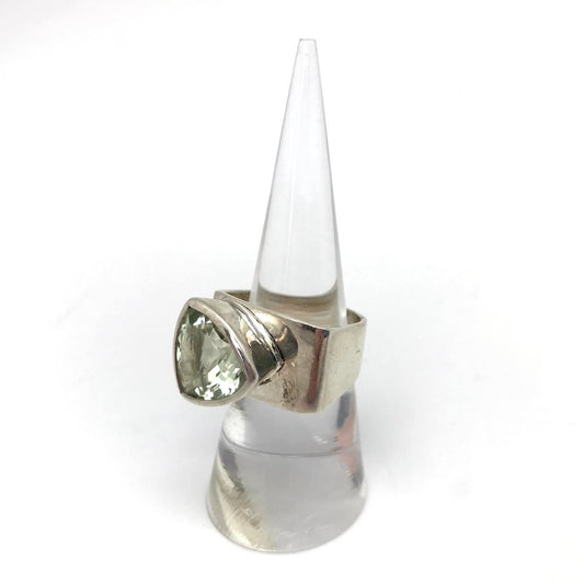 Faceted Prasiolite / Green Amethyst Thick Flat Top Silver Band Ring (Triangle)